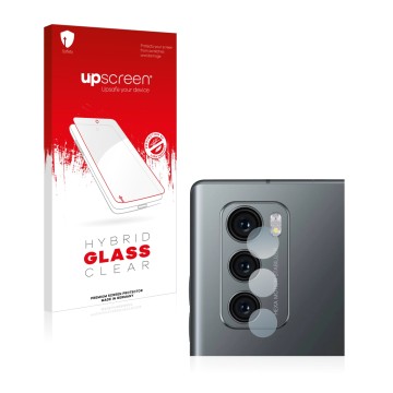 Front side of a product packaging with the brand logo upscreen. Next to it is the device LG Wing (ONLY Camera Lens) shown with