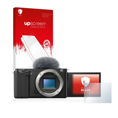 Parte frontale di una confezione del prodotto con il logo del marchio upscreen. Accanto è raffigurato il dispositivo Sony Alph