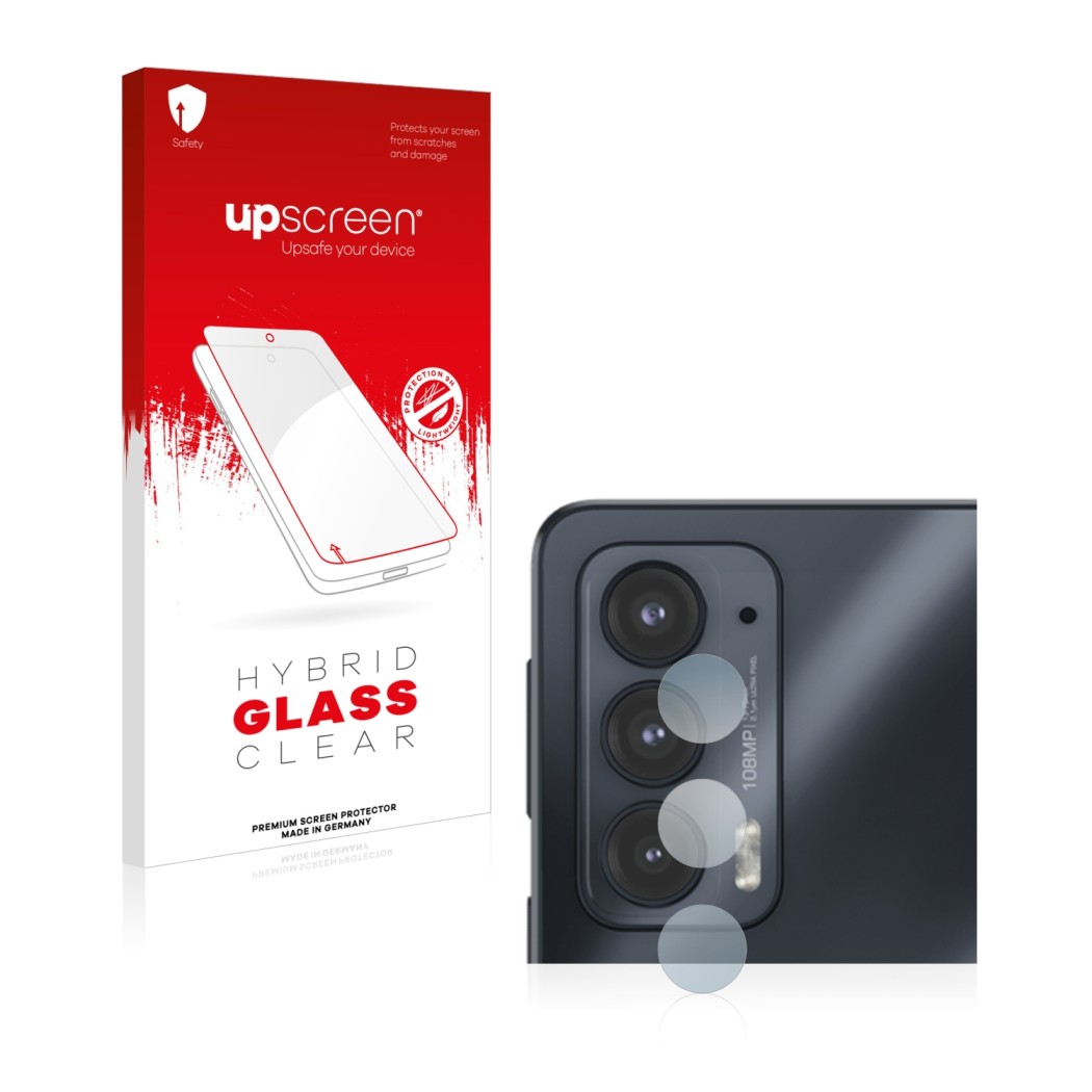 Vorderseite einer Produktverpackung mit dem Markenlogo upscreen. Daneben ist das Gerät Motorola Edge 20 (NUR Kameraschutz) mit