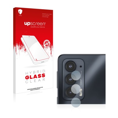 Vorderseite einer Produktverpackung mit dem Markenlogo upscreen. Daneben ist das Gerät Motorola Edge 20 (NUR Kameraschutz) mit