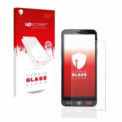 Parte frontal de un envase de producto con el logotipo de la marca upscreen. Al lado se muestra el dispositivo Brondi Amico S 