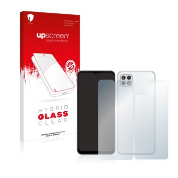 Front side of a product packaging with the brand logo upscreen. Next to it is the device Samsung Galaxy A22 5G (Front+Back) sh