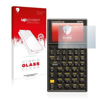 Vorderseite einer Produktverpackung mit dem Markenlogo upscreen. Daneben ist das Gerät SwissMicros DM42 mit dem zugehörigen Di