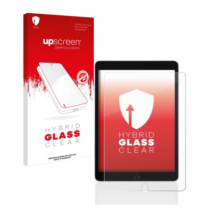 Face avant d’un emballage produit avec le logo de la marque upscreen. À côté, l’appareil Apple iPad 10.2