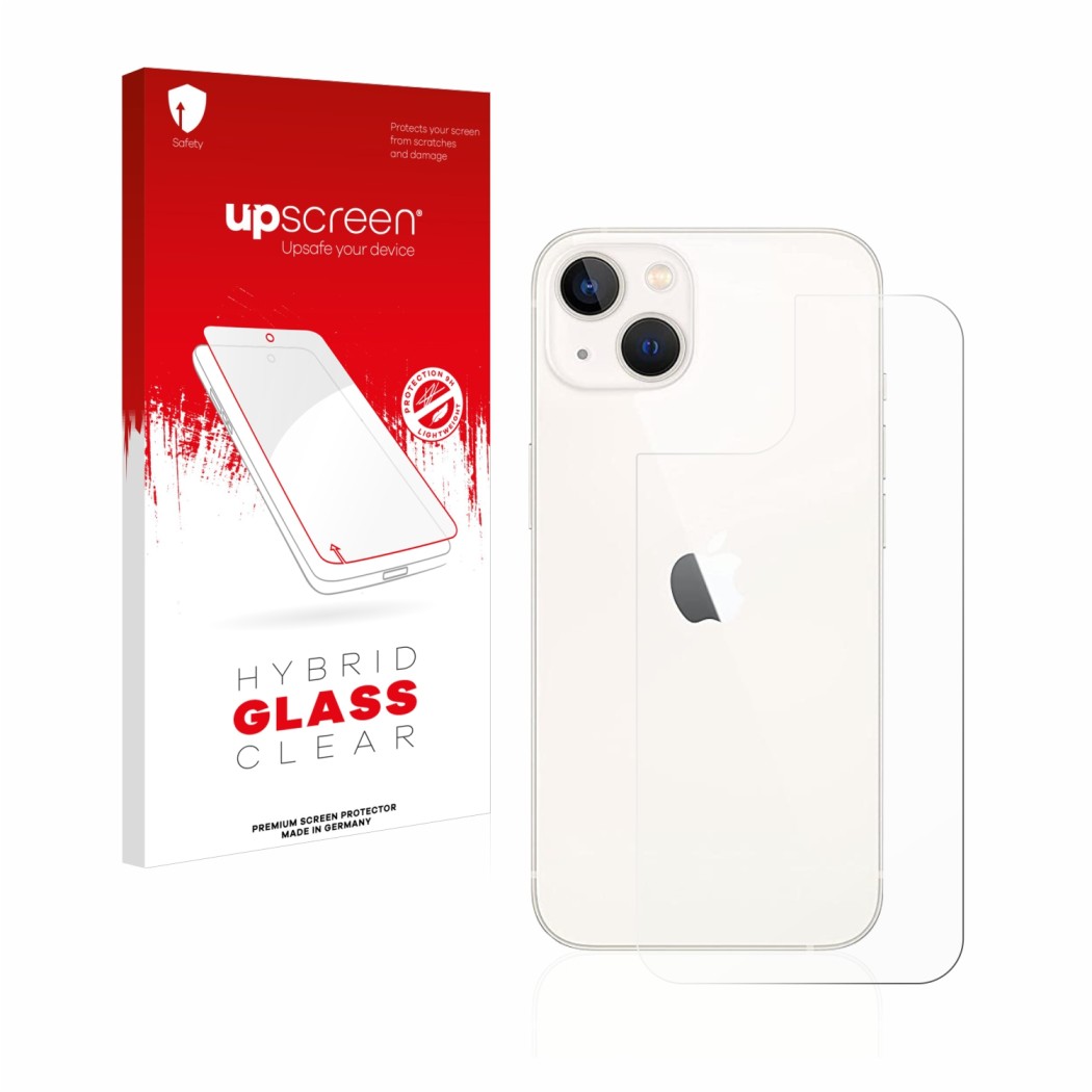 Front side of a product packaging with the brand logo upscreen. Next to it is the device Apple iPhone 13 (Back) shown with the