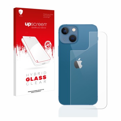 Front side of a product packaging with the brand logo upscreen. Next to it is the device Apple iPhone 13 mini (Back) shown wit