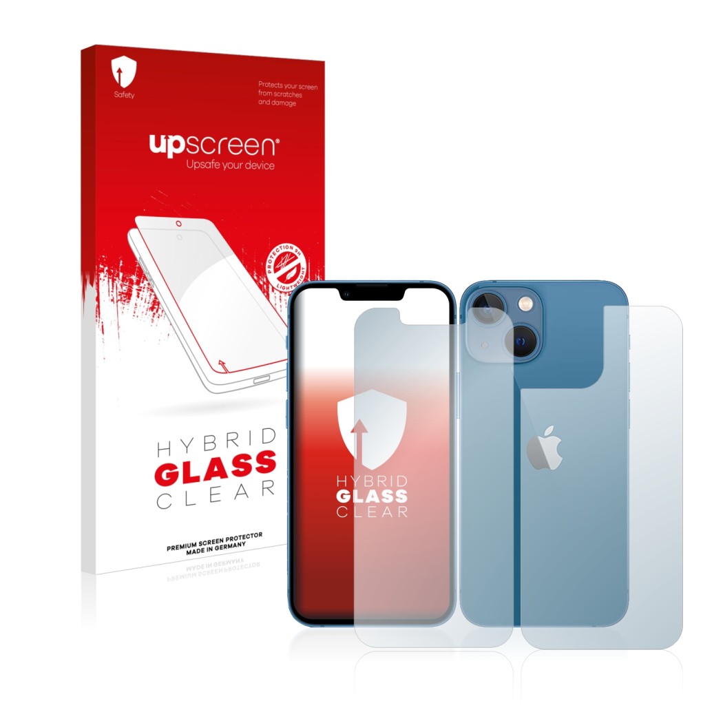 Front side of a product packaging with the brand logo upscreen. Next to it is the device Apple iPhone 13 mini (Front+Back) sho