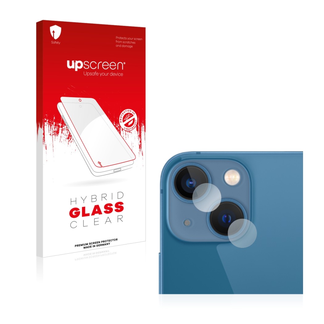 Front side of a product packaging with the brand logo upscreen. Next to it is the device Apple iPhone 13 mini (ONLY Camera Len