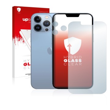 Vorderseite einer Produktverpackung mit dem Markenlogo upscreen. Daneben ist das Gerät Apple iPhone 13 Pro Max (Display+Kamera