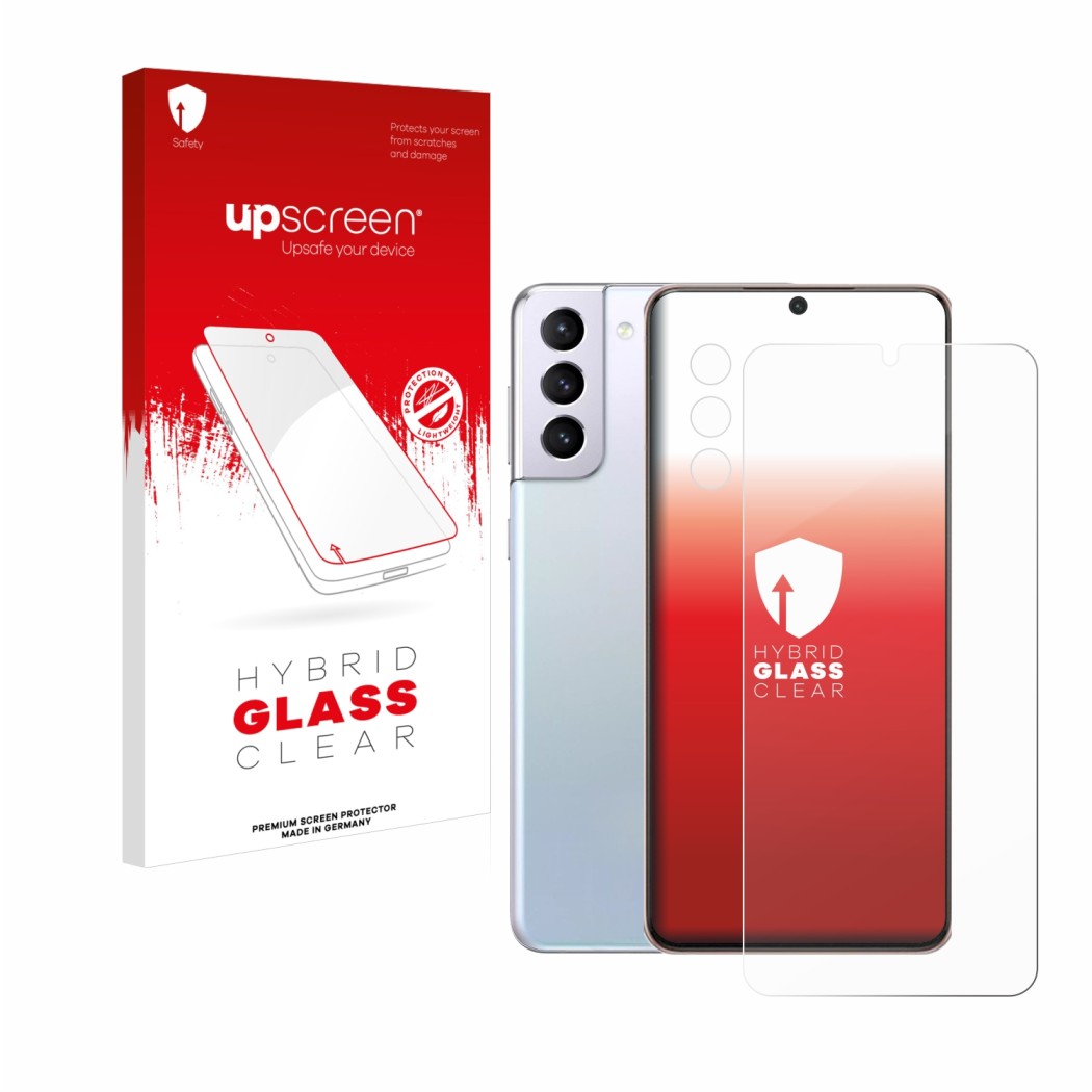 Vorderseite einer Produktverpackung mit dem Markenlogo upscreen. Daneben ist das Gerät Samsung Galaxy S21 Plus 5G (Display+Kam