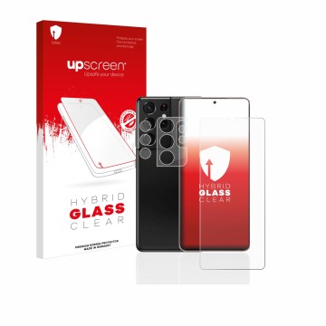 Front side of a product packaging with the brand logo upscreen. Next to it is the device Samsung Galaxy S21 Ultra 5G (Front+Ca