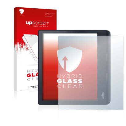 Parte frontale di una confezione del prodotto con il logo del marchio upscreen. Accanto è raffigurato il dispositivo Kobo Sage