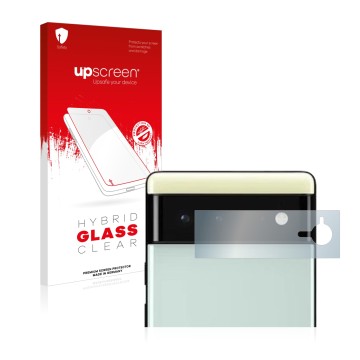 Face avant d’un emballage produit avec le logo de la marque upscreen. À côté, l’appareil Google Pixel 6 (Caméra UNIQUEMENT) es