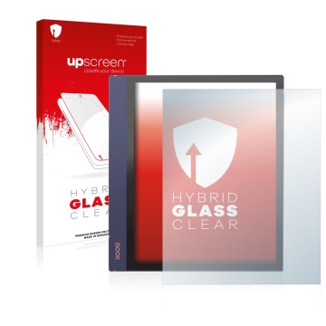 Parte frontal de un envase de producto con el logotipo de la marca upscreen. Al lado se muestra el dispositivo Boox Note Air 2