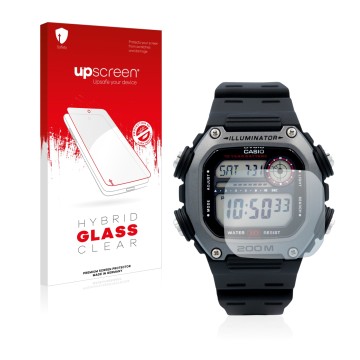 Parte frontale di una confezione del prodotto con il logo del marchio upscreen. Accanto è raffigurato il dispositivo Casio DW-