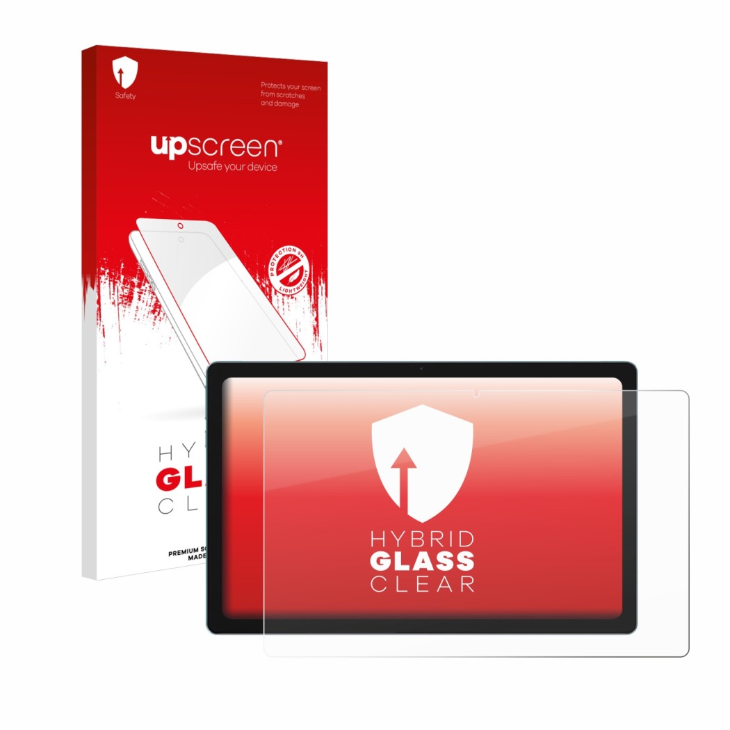Parte frontal de un envase de producto con el logotipo de la marca upscreen. Al lado se muestra el dispositivo Blackview Tab 1