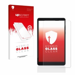 Parte frontal de un envase de producto con el logotipo de la marca upscreen. Al lado se muestra el dispositivo Blackview Tab 6