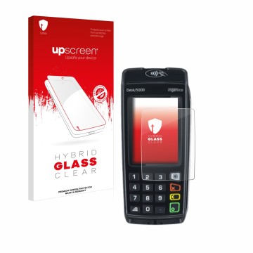 Vorderseite einer Produktverpackung mit dem Markenlogo upscreen. Daneben ist das Gerät ingenico Desk/5000 mit dem zugehörigen 