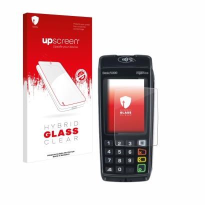 Vorderseite einer Produktverpackung mit dem Markenlogo upscreen. Daneben ist das Gerät ingenico Desk/5000 mit dem zugehörigen 