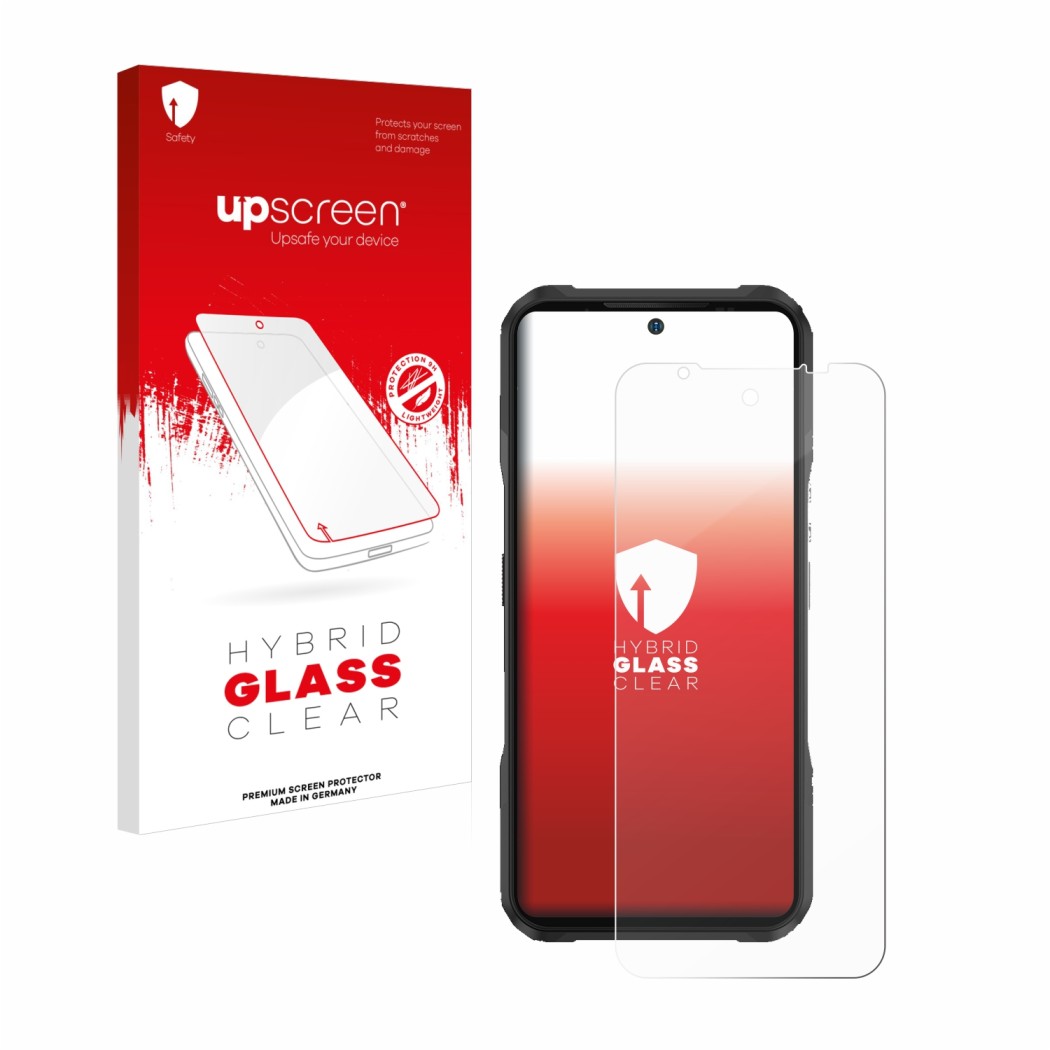 Face avant d’un emballage produit avec le logo de la marque upscreen. À côté, l’appareil Doogee V20 est représenté avec la pro