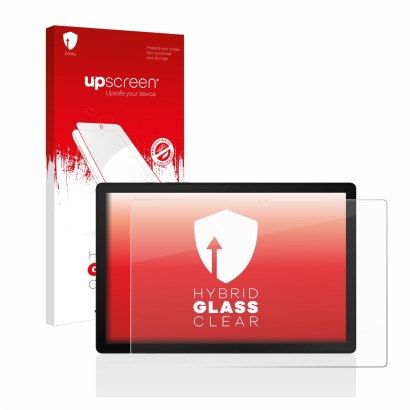 Face avant d’un emballage produit avec le logo de la marque upscreen. À côté, l’appareil Samsung Galaxy Tab A8 WiFi est représ