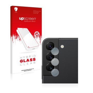 Parte frontal de un envase de producto con el logotipo de la marca upscreen. Al lado se muestra el dispositivo Samsung Galaxy 