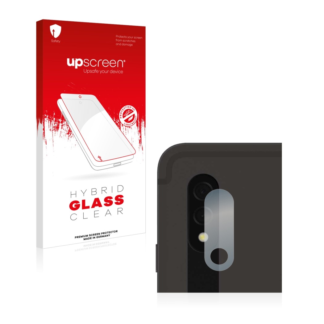 Vorderseite einer Produktverpackung mit dem Markenlogo upscreen. Daneben ist das Gerät Samsung Galaxy Tab S8 Plus WiFi (NUR Ka