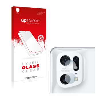 Parte frontal de un envase de producto con el logotipo de la marca upscreen. Al lado se muestra el dispositivo Oppo Find X5 Pr