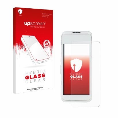 Face avant d’un emballage produit avec le logo de la marque upscreen. À côté, l’appareil Pax A920 Pro est représenté avec la p