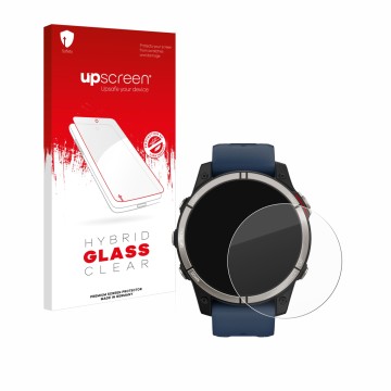 Parte frontal de un envase de producto con el logotipo de la marca upscreen. Al lado se muestra el dispositivo Garmin quatix 7