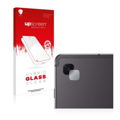 Parte frontal de un envase de producto con el logotipo de la marca upscreen. Al lado se muestra el dispositivo Samsung Galaxy 