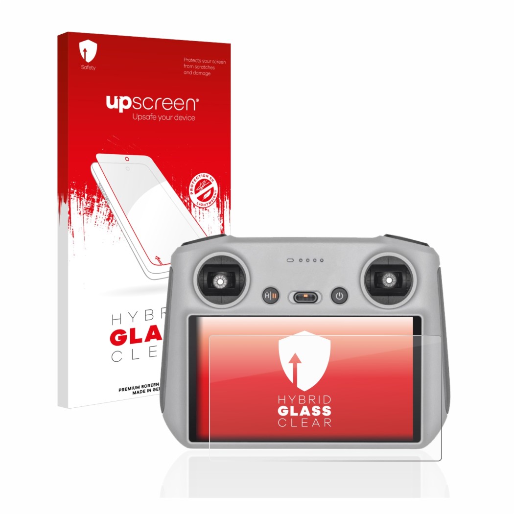 Parte frontale di una confezione del prodotto con il logo del marchio upscreen. Accanto è raffigurato il dispositivo DJI RC Co