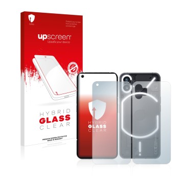 Front side of a product packaging with the brand logo upscreen. Next to it is the device Nothing Phone (1) (Front+Back) shown 