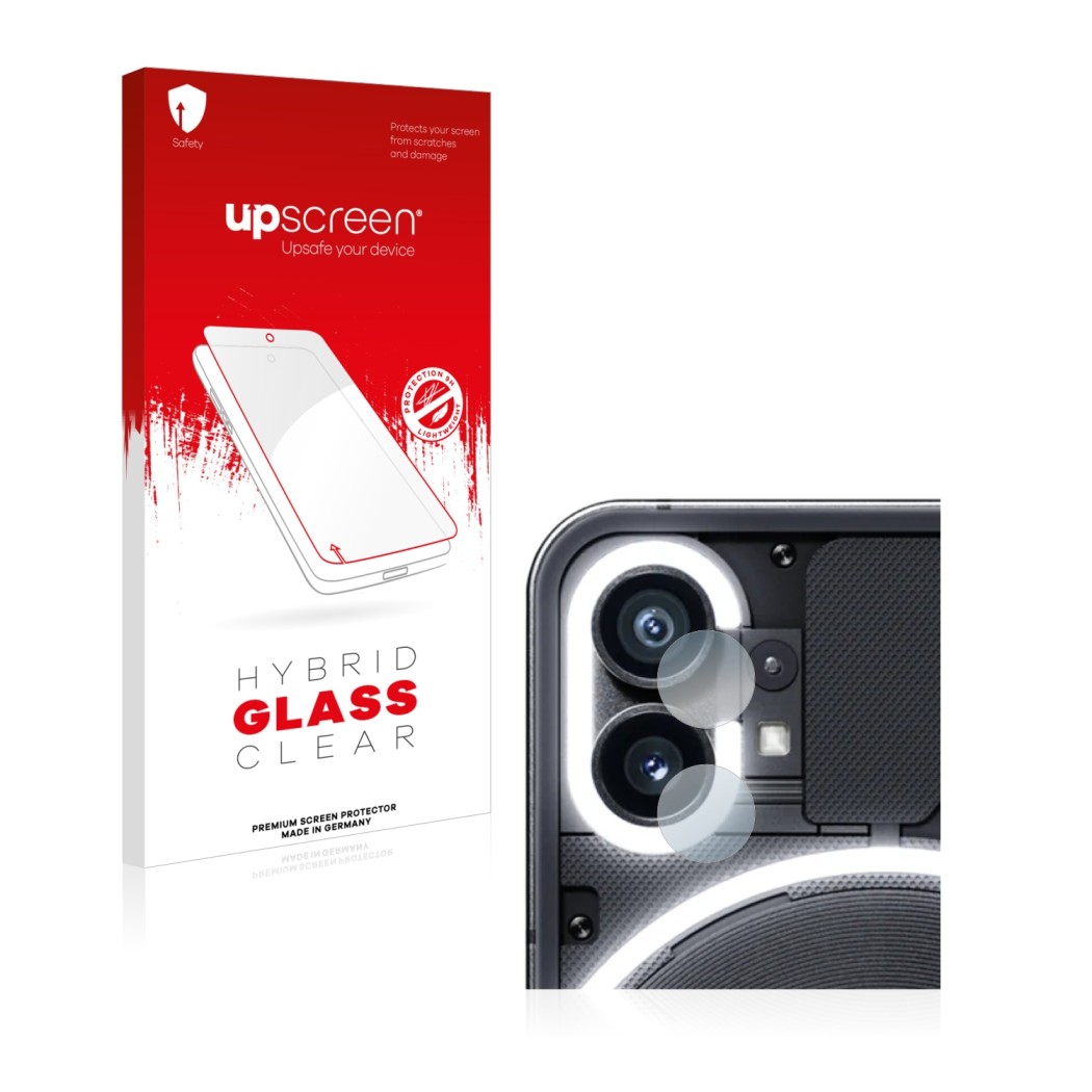 Parte frontale di una confezione del prodotto con il logo del marchio upscreen. Accanto è raffigurato il dispositivo Nothing P