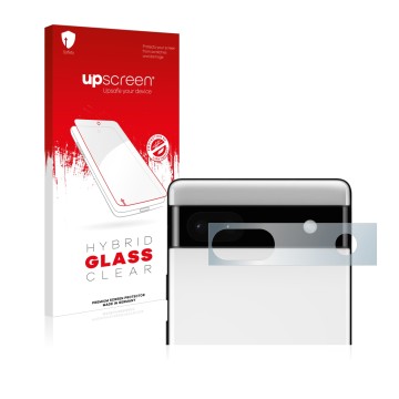 Vorderseite einer Produktverpackung mit dem Markenlogo upscreen. Daneben ist das Gerät Google Pixel 6a (NUR Kameraschutz) mit 