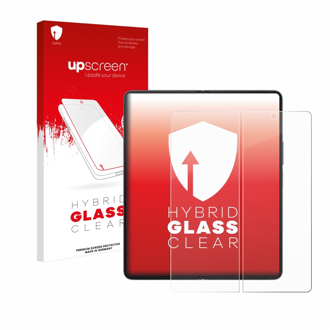 Vorderseite einer Produktverpackung mit dem Markenlogo upscreen. Daneben ist das Gerät Samsung Galaxy Z Fold 4 (Inneres Displa