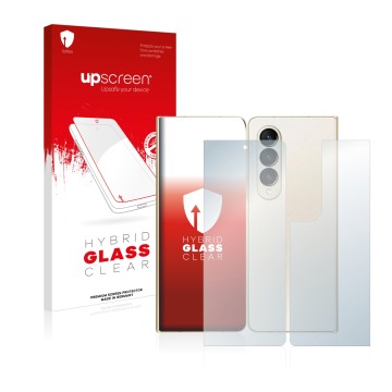 Vorderseite einer Produktverpackung mit dem Markenlogo upscreen. Daneben ist das Gerät Samsung Galaxy Z Fold 4 (Display+Rückse