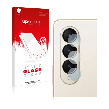 Face avant d’un emballage produit avec le logo de la marque upscreen. À côté, l’appareil Samsung Galaxy Z Fold 4 (Caméra UNIQU