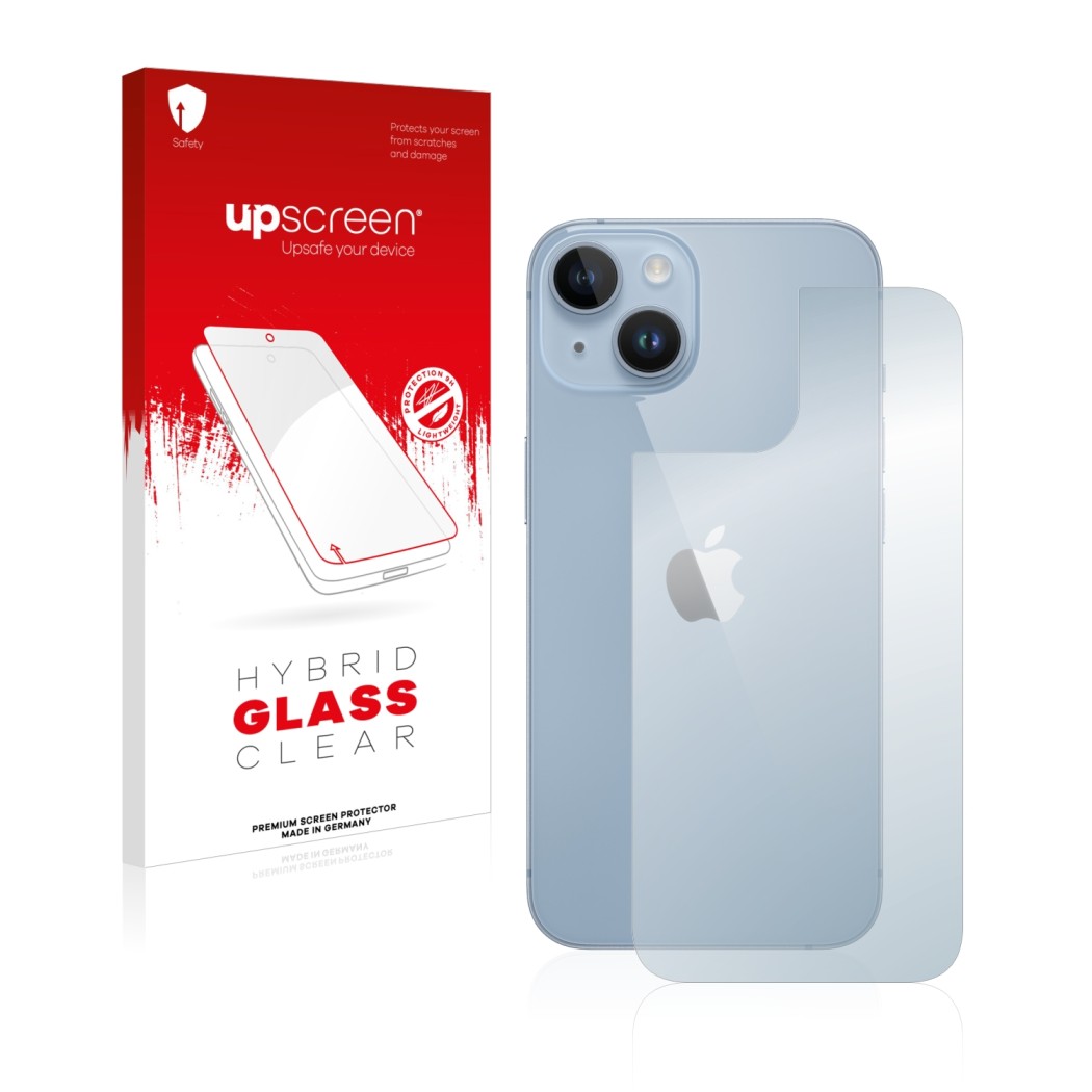 Front side of a product packaging with the brand logo upscreen. Next to it is the device Apple iPhone 14 (Back) shown with the