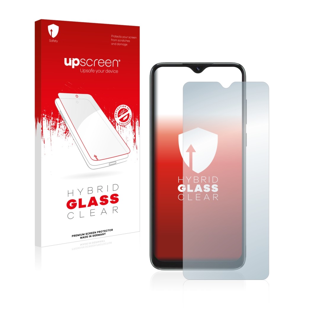 Face avant d’un emballage produit avec le logo de la marque upscreen. À côté, l’appareil Blackview A55 est représenté avec la