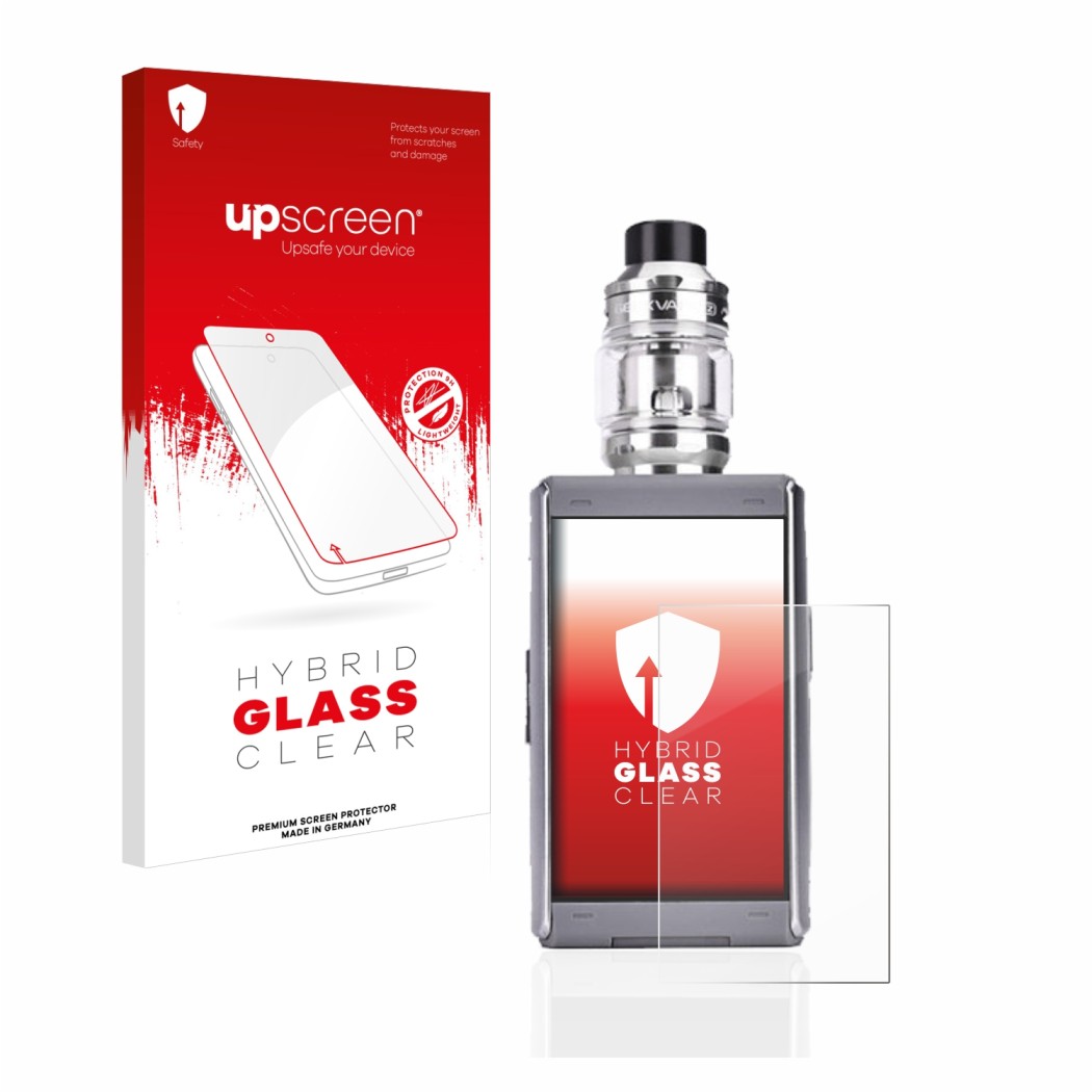 Parte frontal de un envase de producto con el logotipo de la marca upscreen. Al lado se muestra el dispositivo GeekVape T200 c