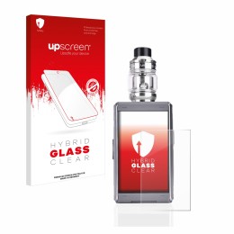 Parte frontal de un envase de producto con el logotipo de la marca upscreen. Al lado se muestra el dispositivo GeekVape T200 c