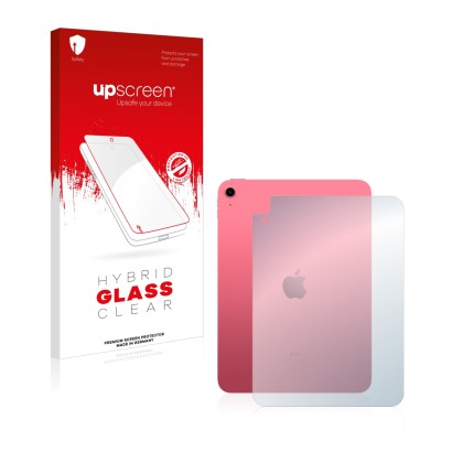 Face avant d’un emballage produit avec le logo de la marque upscreen. À côté, l’appareil Apple iPad 10.9" WiFi 2022 (Arrière, 