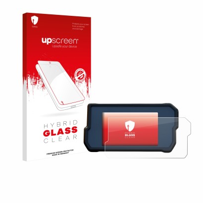 Parte frontal de un envase de producto con el logotipo de la marca upscreen. Al lado se muestra el dispositivo KTM 390 Duke 20