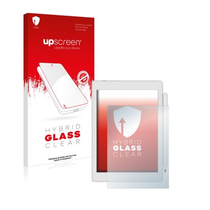 Parte frontal de un envase de producto con el logotipo de la marca upscreen. Al lado se muestra el dispositivo Boox Nova Air 2