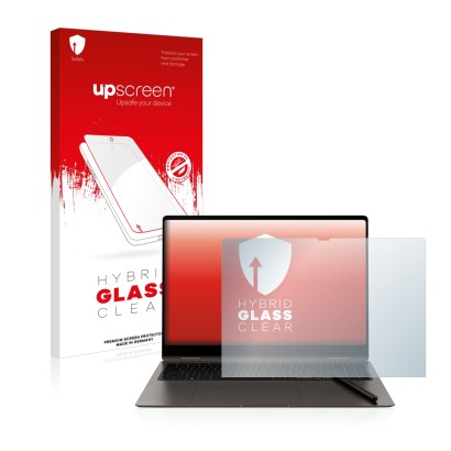 Face avant d’un emballage produit avec le logo de la marque upscreen. À côté, l’appareil Samsung Galaxy Book3 Pro 360 16" est