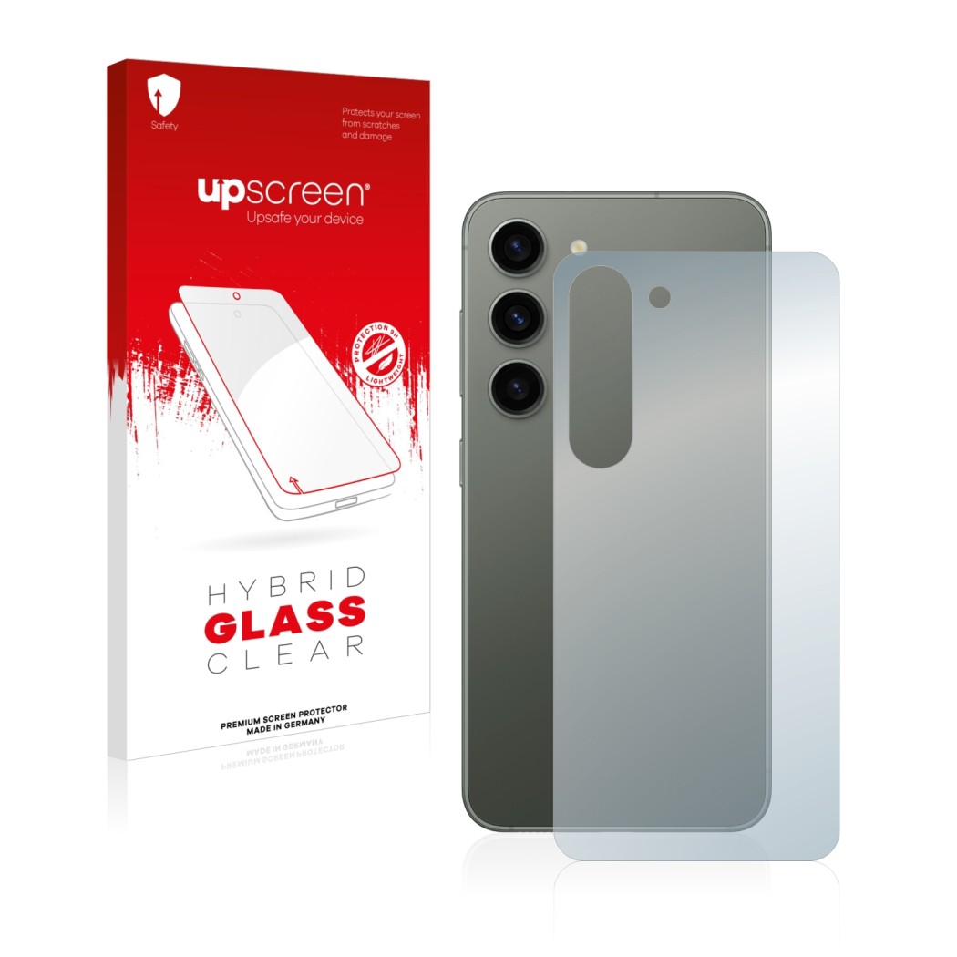 Front side of a product packaging with the brand logo upscreen. Next to it is the device Samsung Galaxy S23 (Back) shown with 