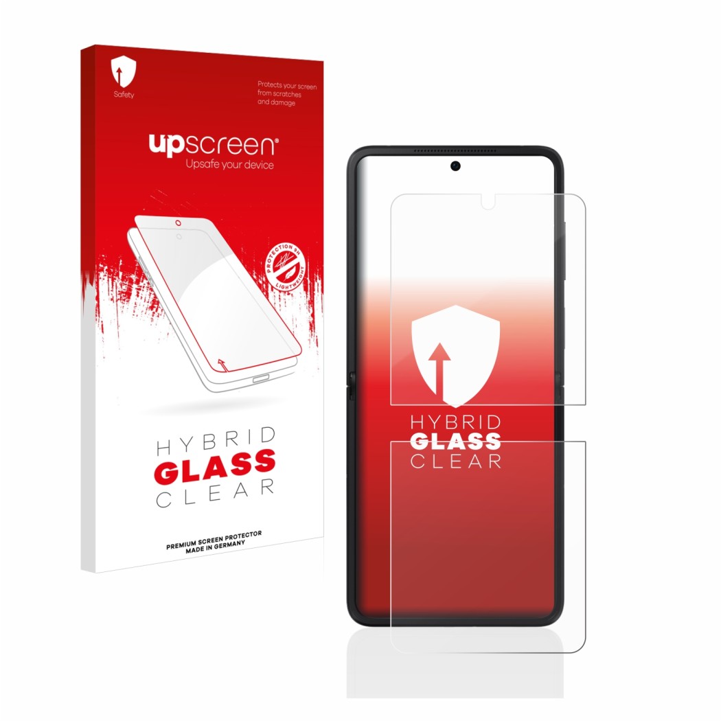 Parte frontal de un envase de producto con el logotipo de la marca upscreen. Al lado se muestra el dispositivo Oppo Find N2 Fl