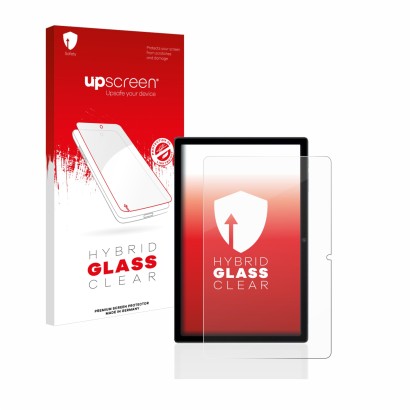 Face avant d’un emballage produit avec le logo de la marque upscreen. À côté, l’appareil Blackview Tab 16 est représenté avec 