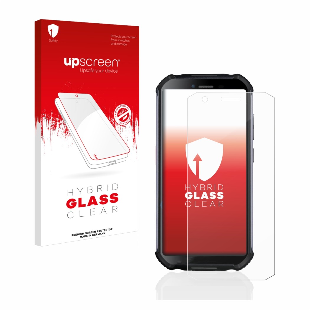 Vorderseite einer Produktverpackung mit dem Markenlogo upscreen. Daneben ist das Gerät Doogee S41 mit dem zugehörigen Displays